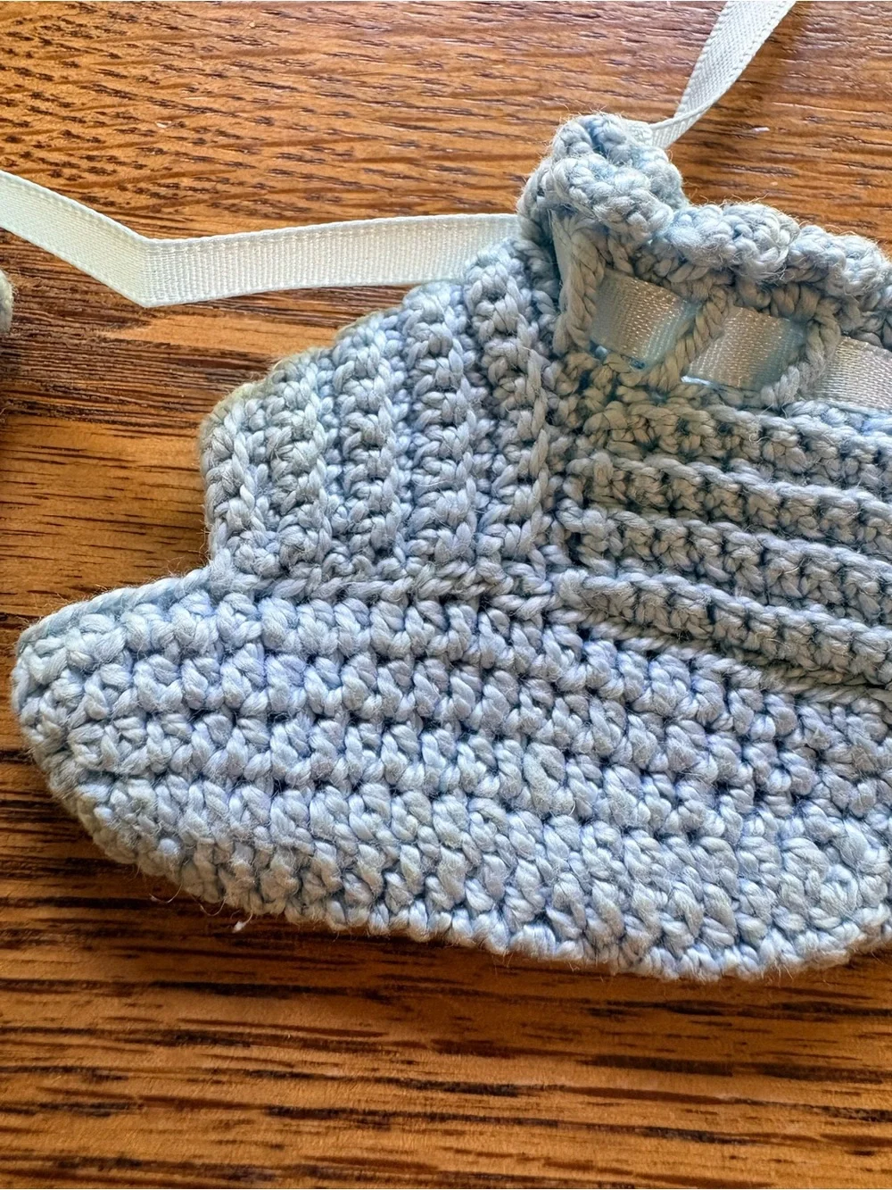 VTG Handmade Baby Crochet Booties without toes in Light Blue w/ Ribbon
